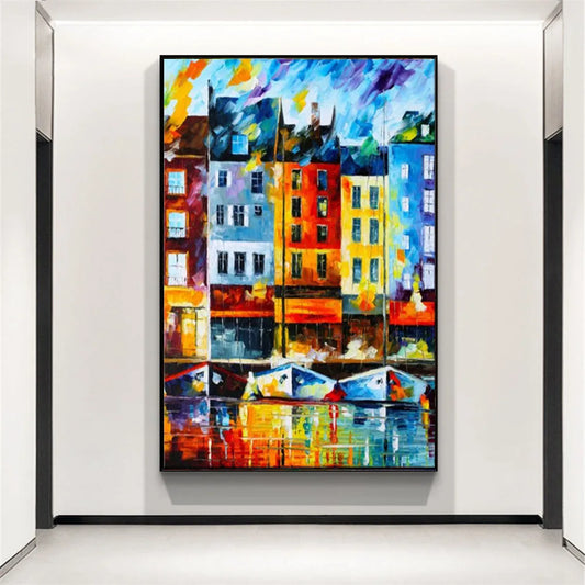 Vibrant Colourful Rainy Architectural Cityscape Painting