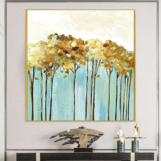 Textured Abstract Colourful Gold Leaf Teal Tree Oil Painting