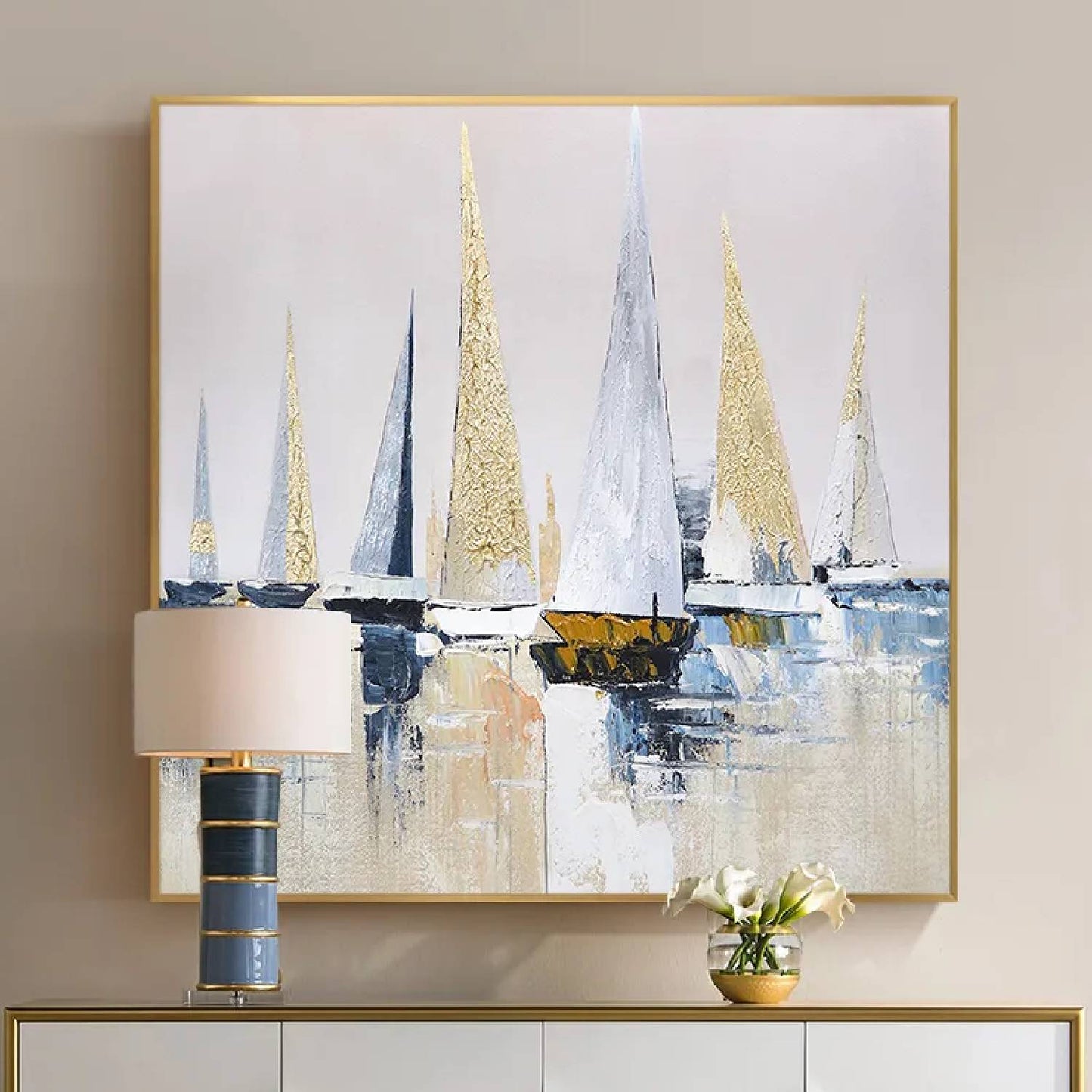 3D Gold Foil Textured Sea Sailboats Canvas Artwork