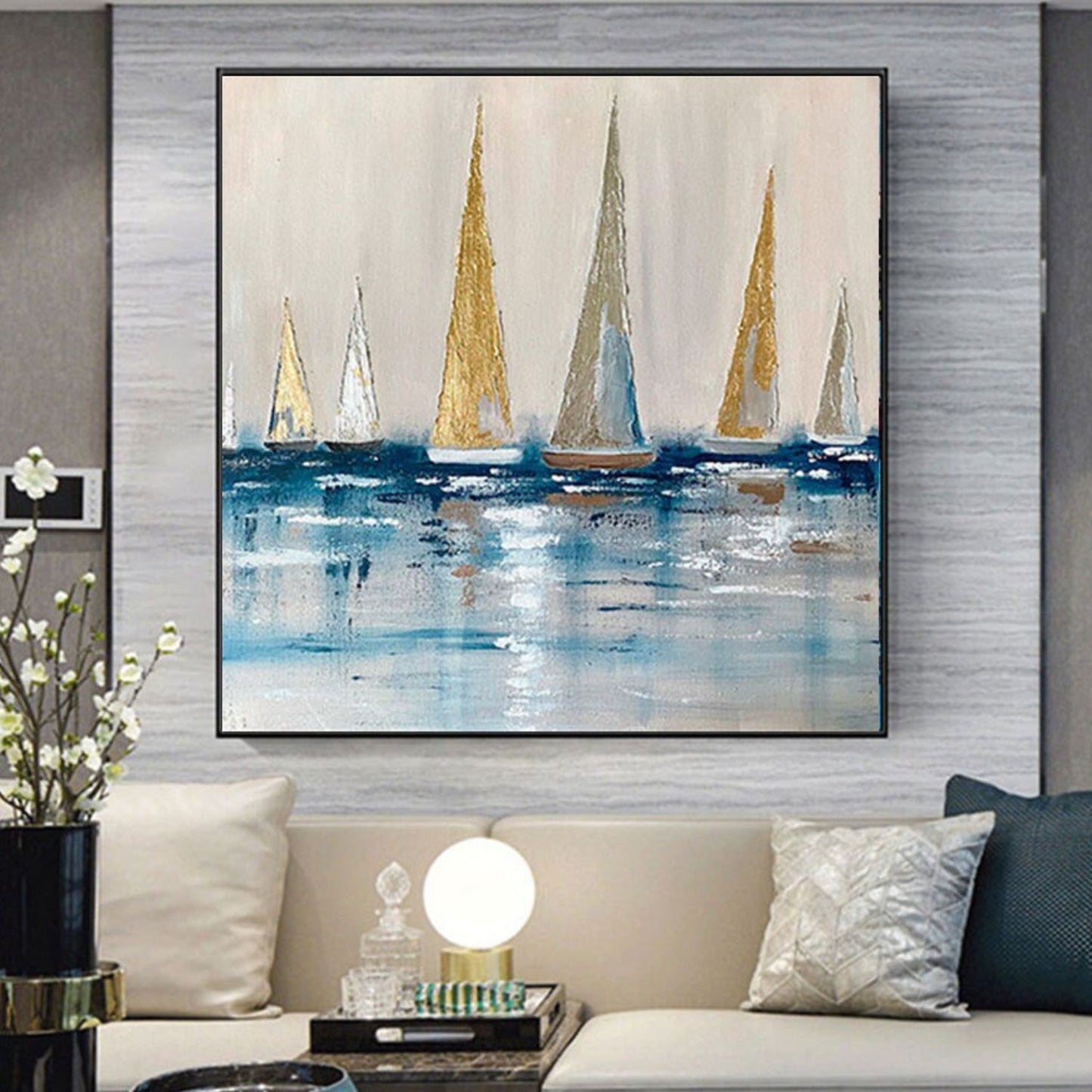 3D Textured Seascape Gold Sailing Boats Oil Painting