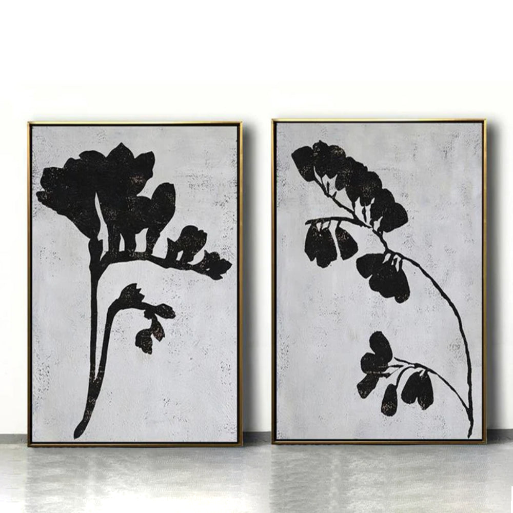 Set of 2 Black White Floral Branches Minimalist Art