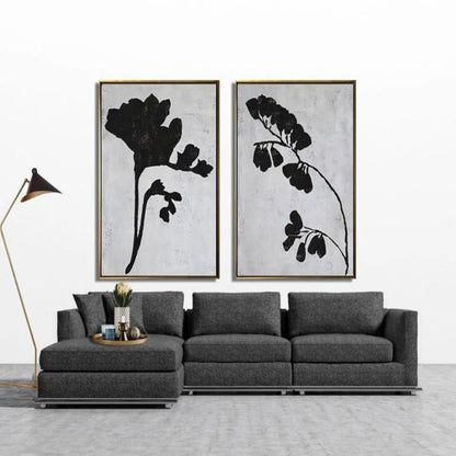 Set of 2 Black White Floral Branches Minimalist Art