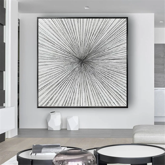 Modern Silver Sunburst Abstract Line Texture Painting