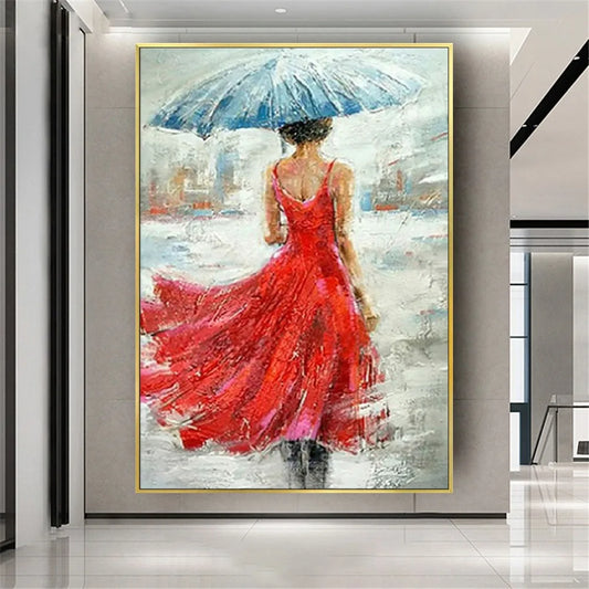 Red Skirt Woman in Rain Textured Home Decor Painting