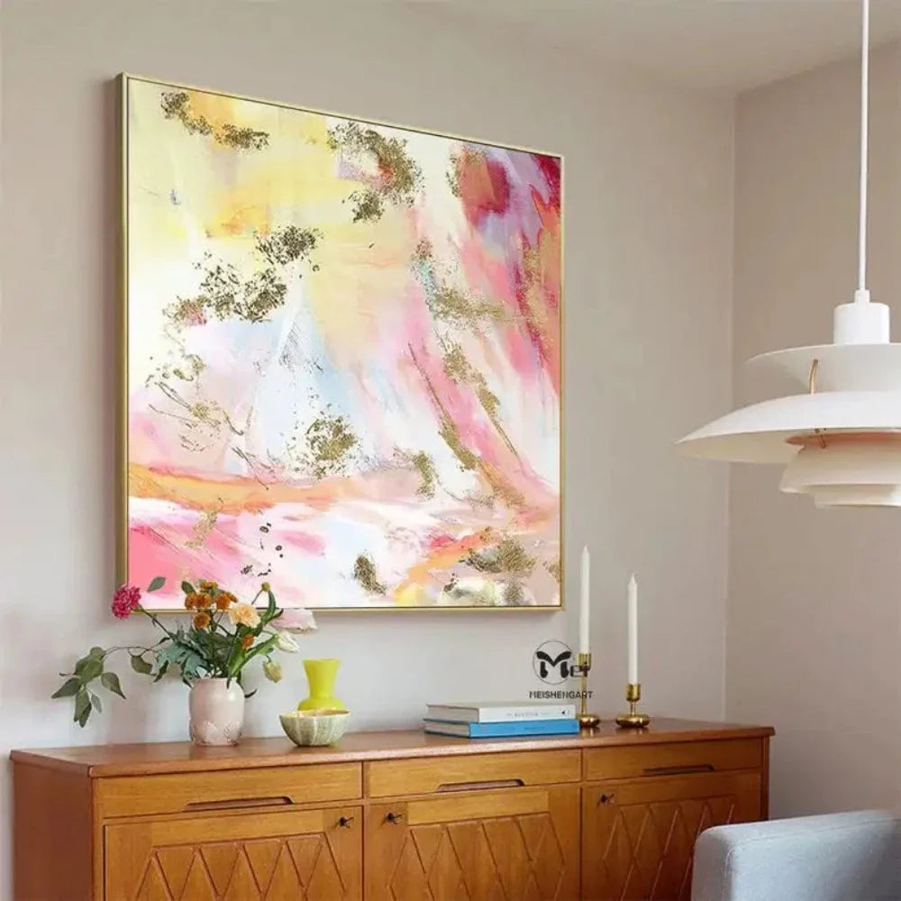 Large Blush Pink Gold Foil Textured Oil Painting