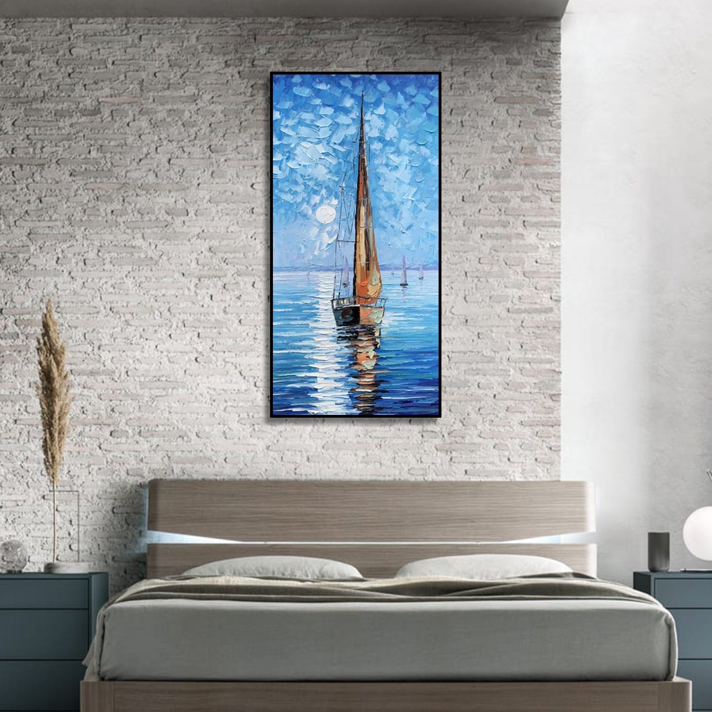 Moonlit Knife Textured Sailboat Seascape Ocean Wall Art