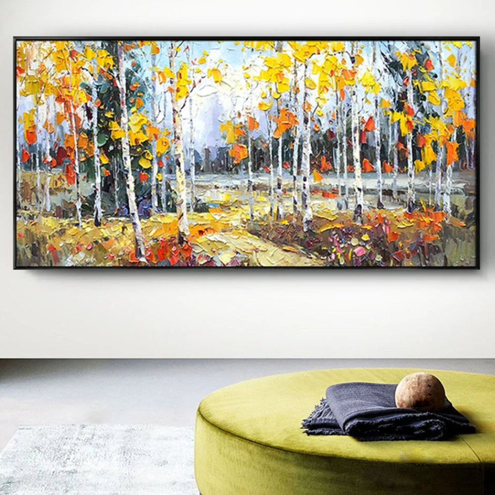 Heavy Textured Autumn Birch Tree Forest Painting