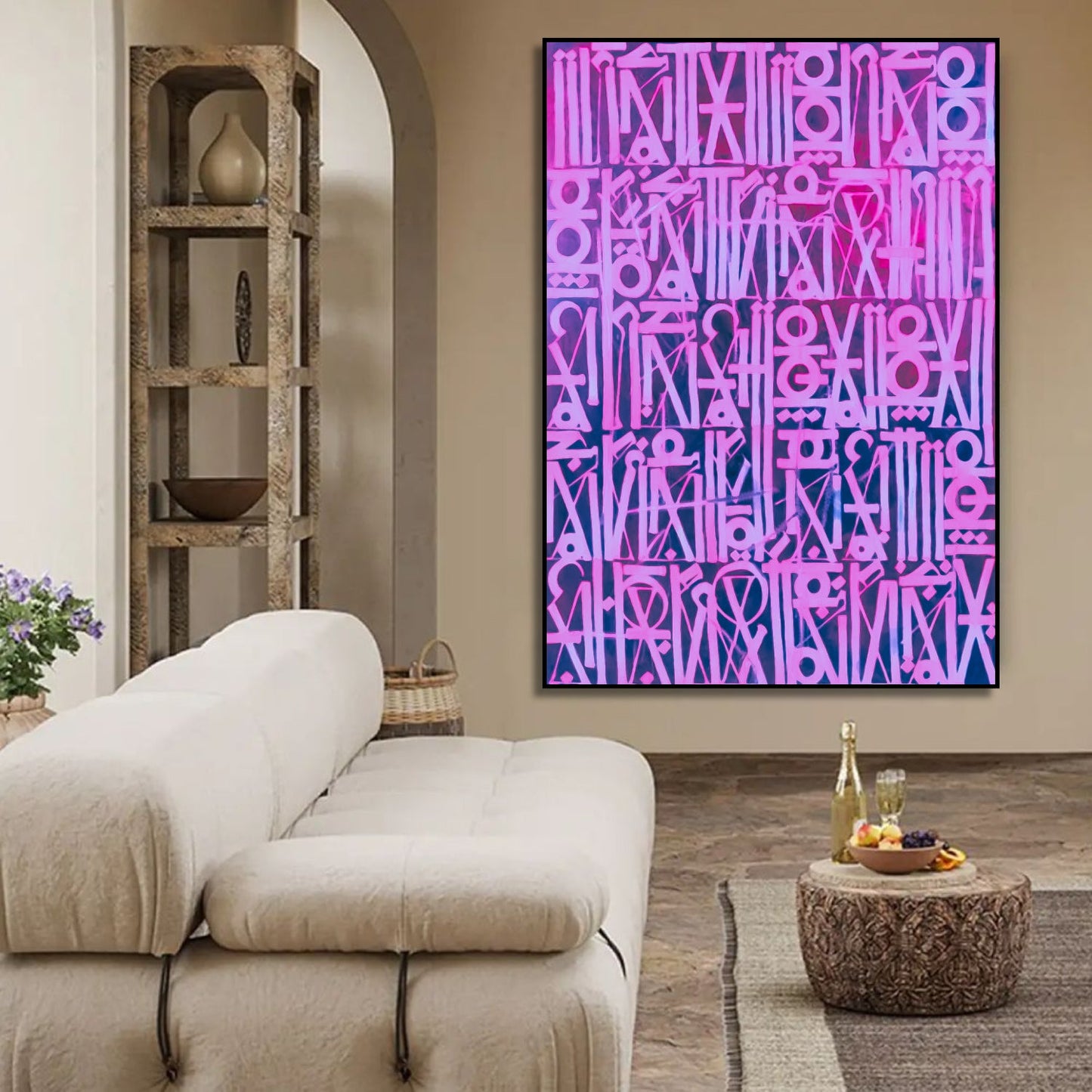 Retna-Inspired Pink Calligraphic Canvas Oil Painting