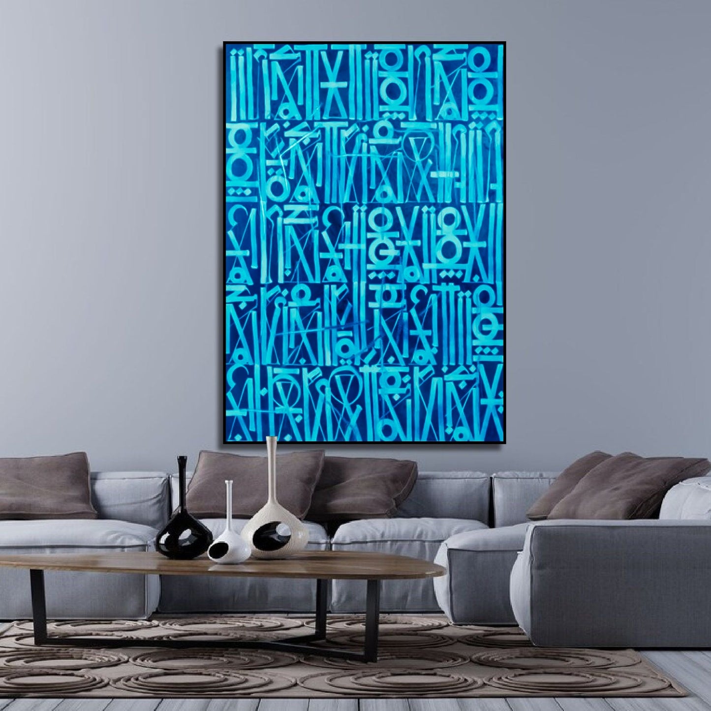 Retna-Inspired Two-Tone Blue Calligraffiti Modern Wall Art