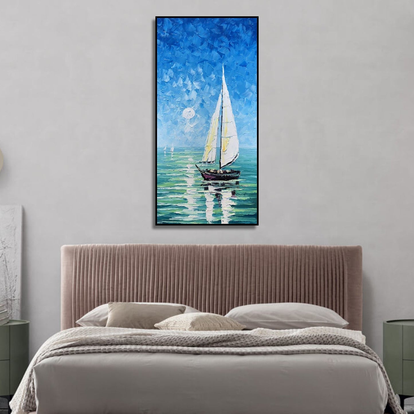 Tranquil Moonlight Sailboat Textured Blue Sea Wall Art