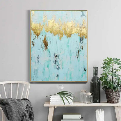 Abstract Aqua Blue and Gold Foil Textured Painting