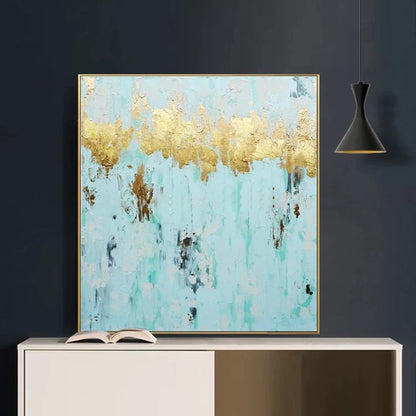 Abstract Aqua Blue and Gold Foil Textured Painting