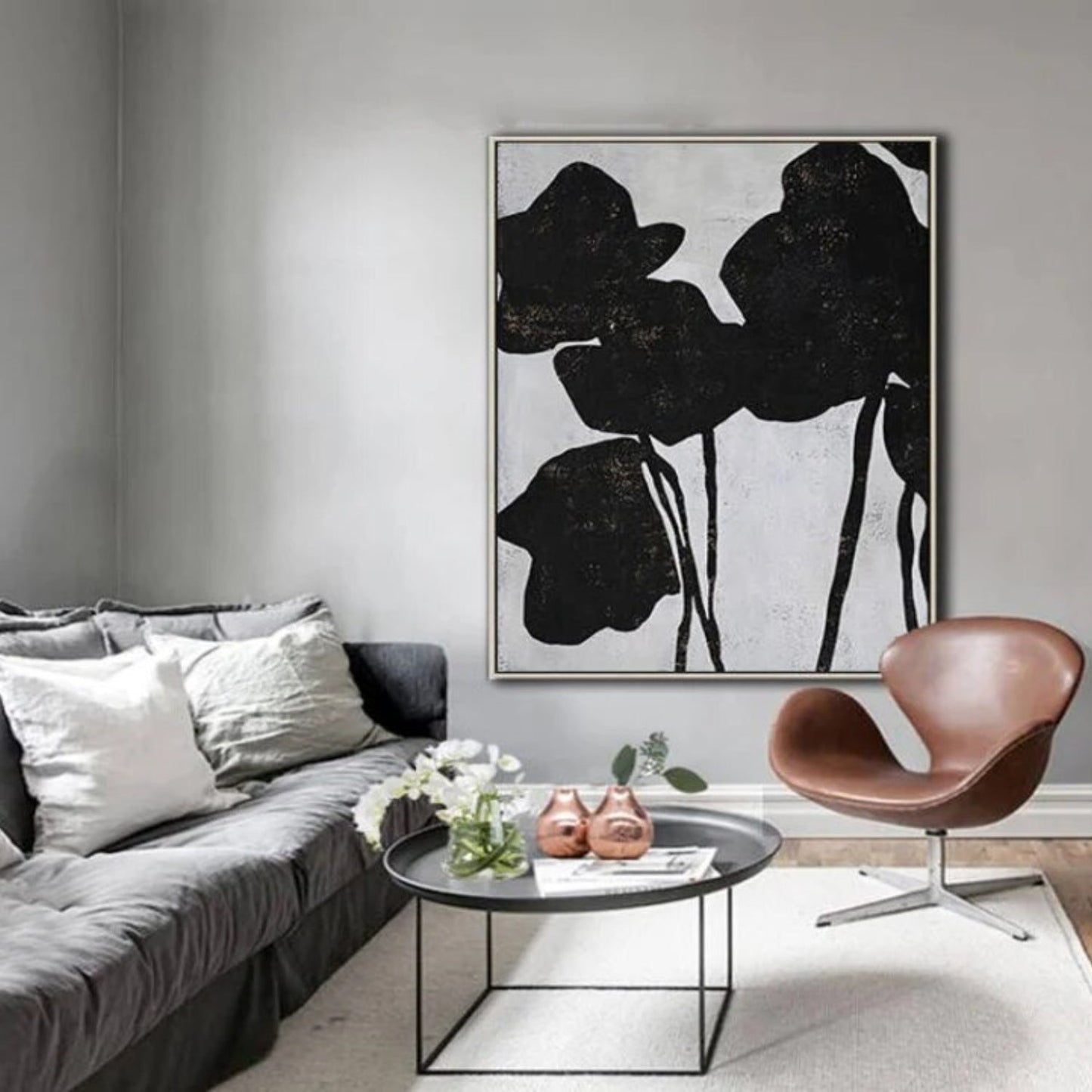 Abstract Contemporary Blooming Black Flower Painting