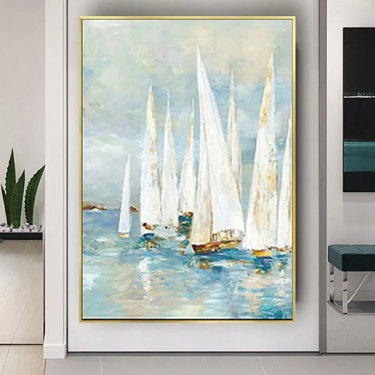 Abstract White Sailboats Canvas Modern Wall Art