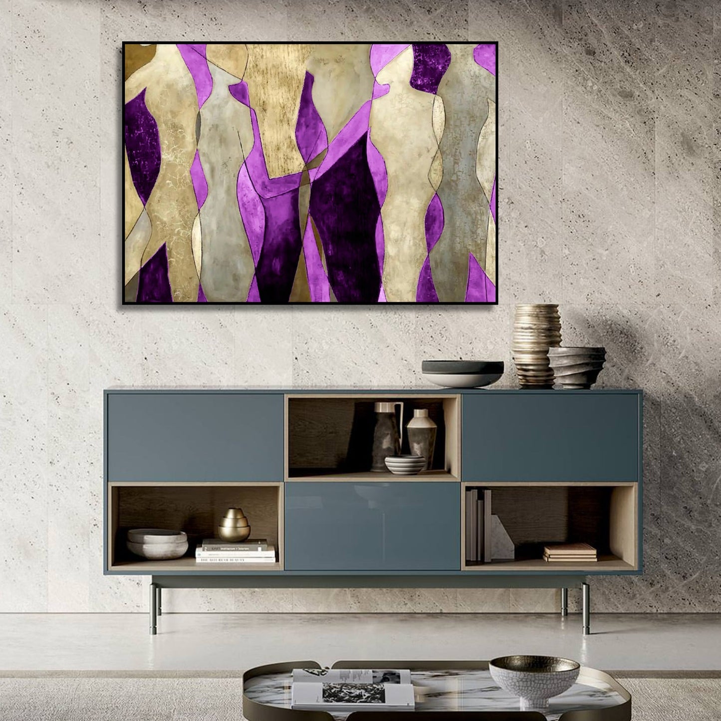 Acrylic Pink and Golden Dancing Figures Abstract Art