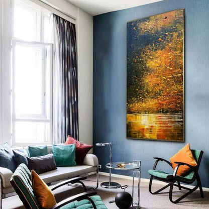 Autumn Forest Lake Abstract Gold Textured Painting