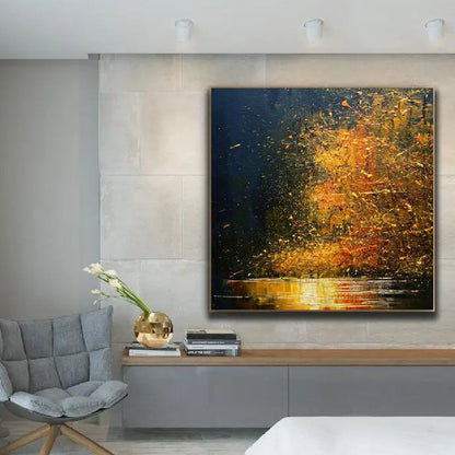 Autumn Forest Lake Abstract Gold Textured Painting