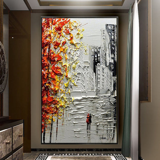 Autumn Leaves and Cityscape 3D Textured Oil Painting