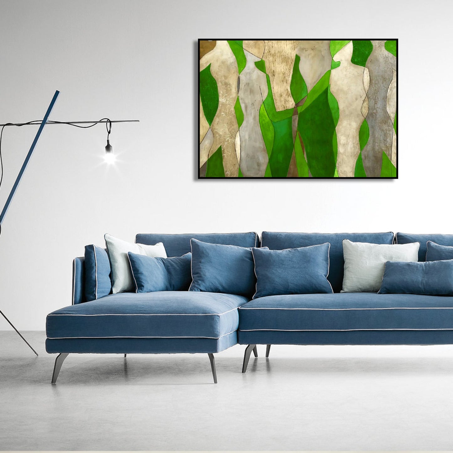 Bright Green & Gold Figures Abstract Oil Painting