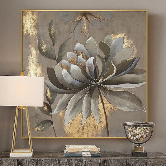 Contemporary Golden Grey Flower Abstract Painting