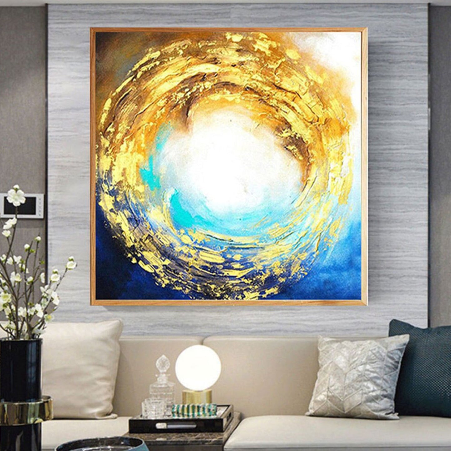 Contemporary Square Golden Ring Wave Wall Painting