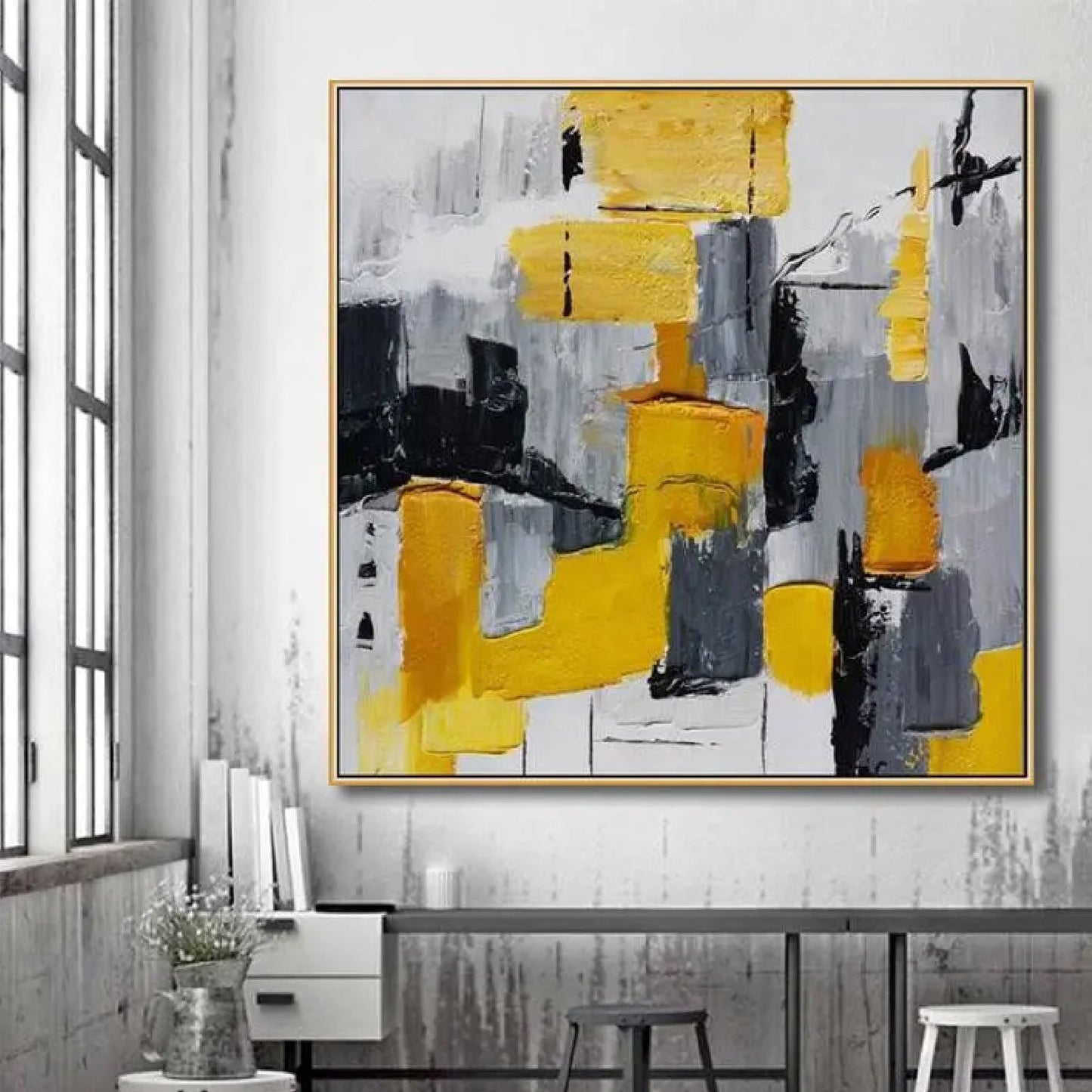 Fashionable Yellow Grey Palette Knife Textured Art