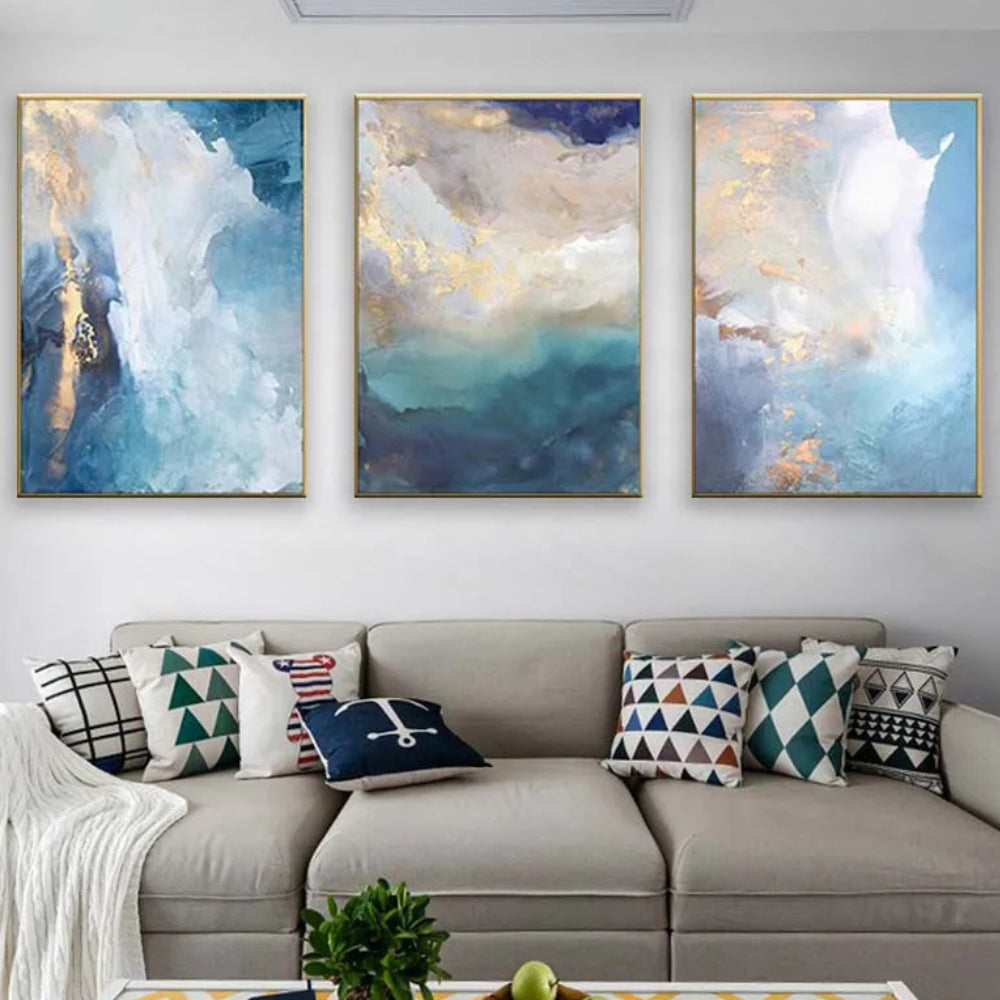 Golden & Blue Coastline Set of 3 Wall Hanging Textured Art