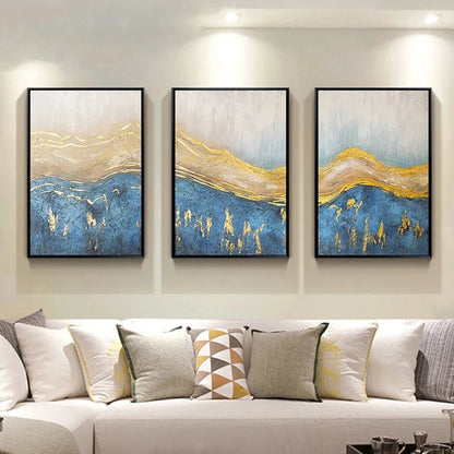 Golden Blue Waves Abstract Set of 3 Wall Decor Painting