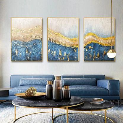 Golden Blue Waves Abstract Set of 3 Wall Decor Painting