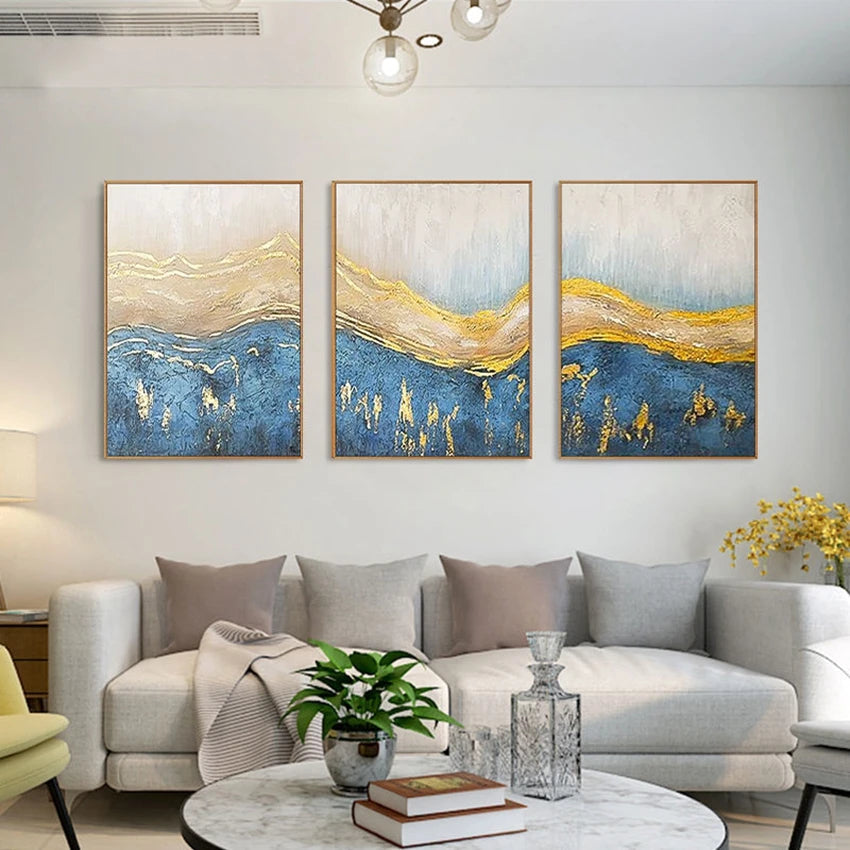 Golden Blue Waves Abstract Set of 3 Wall Decor Painting