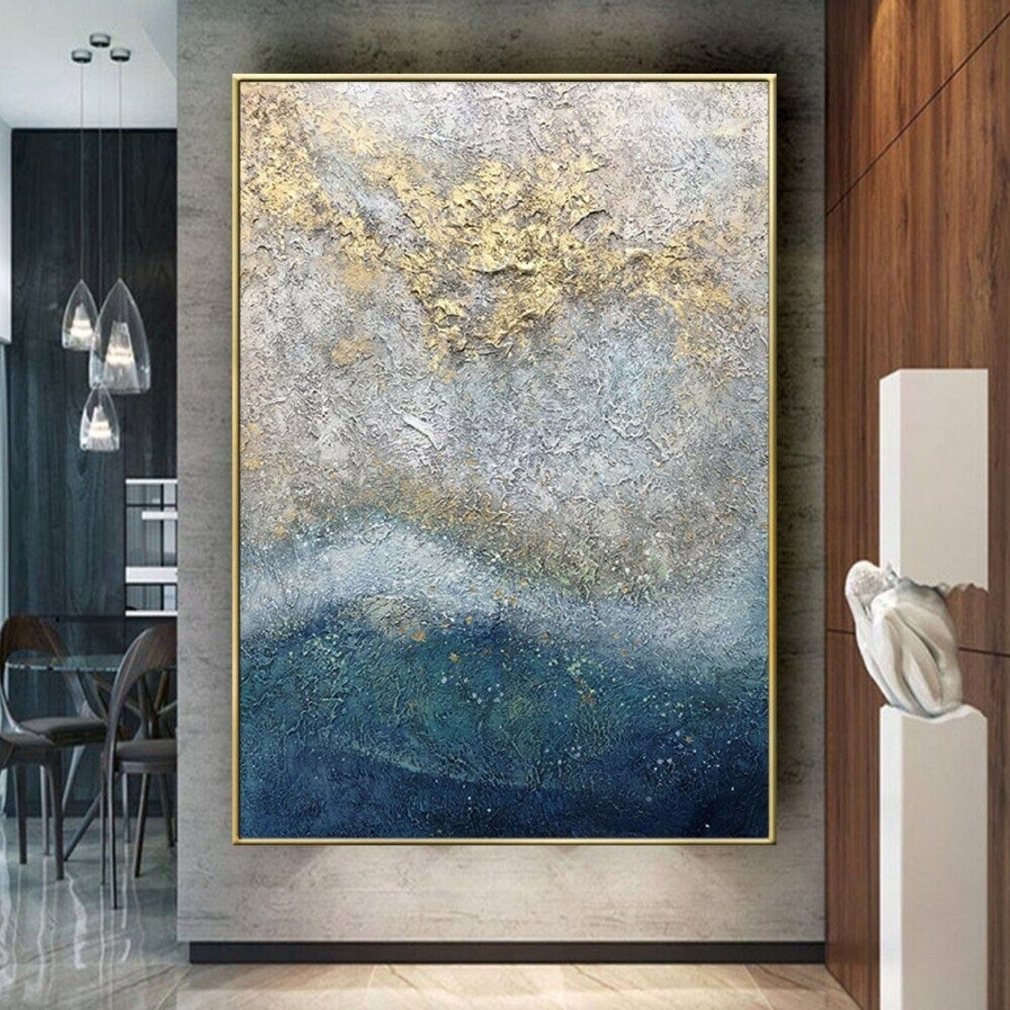 Gold Silver Textured Sea Hand Painted Landscape