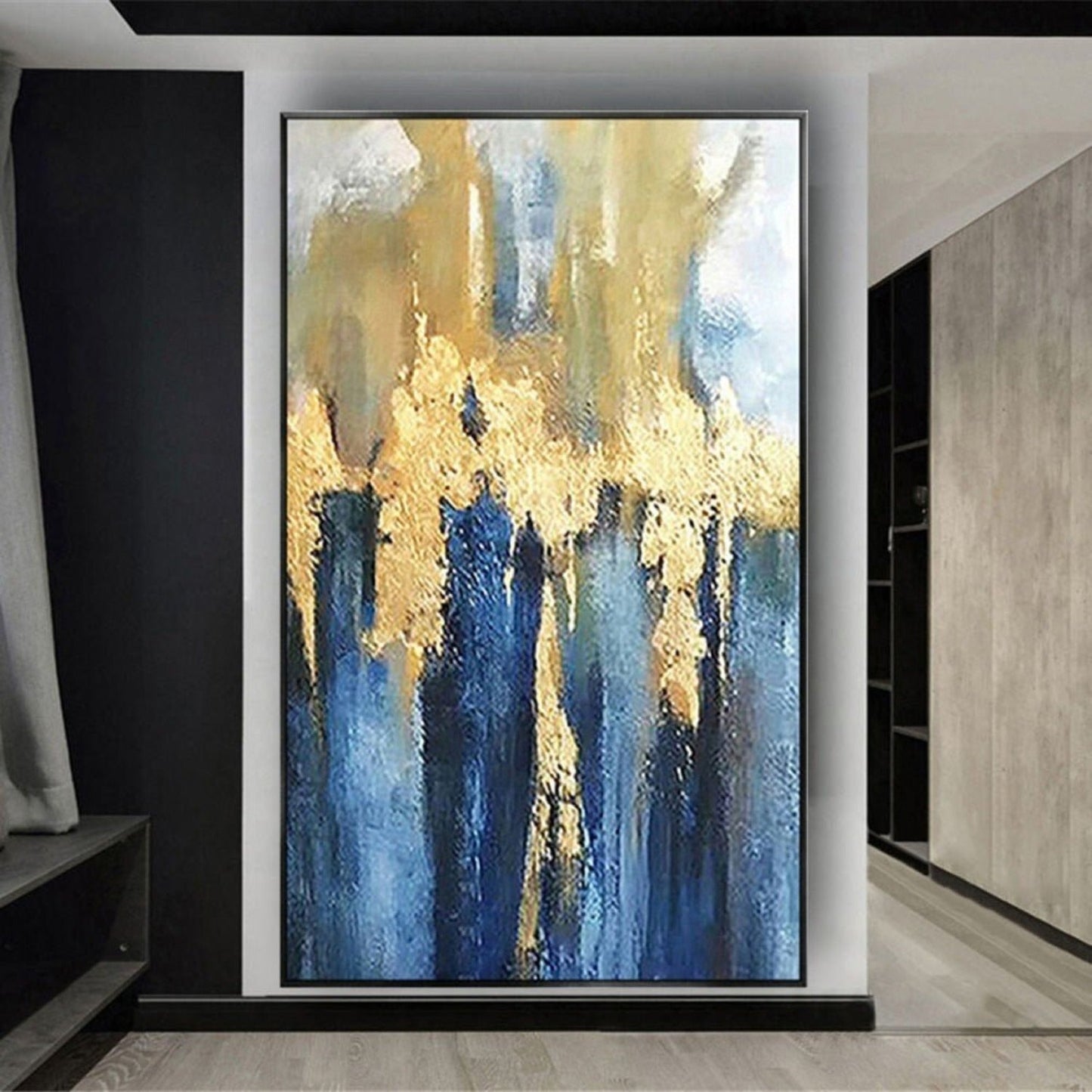 Trendy Gold Blue 100% Hand Painted Landscape Art