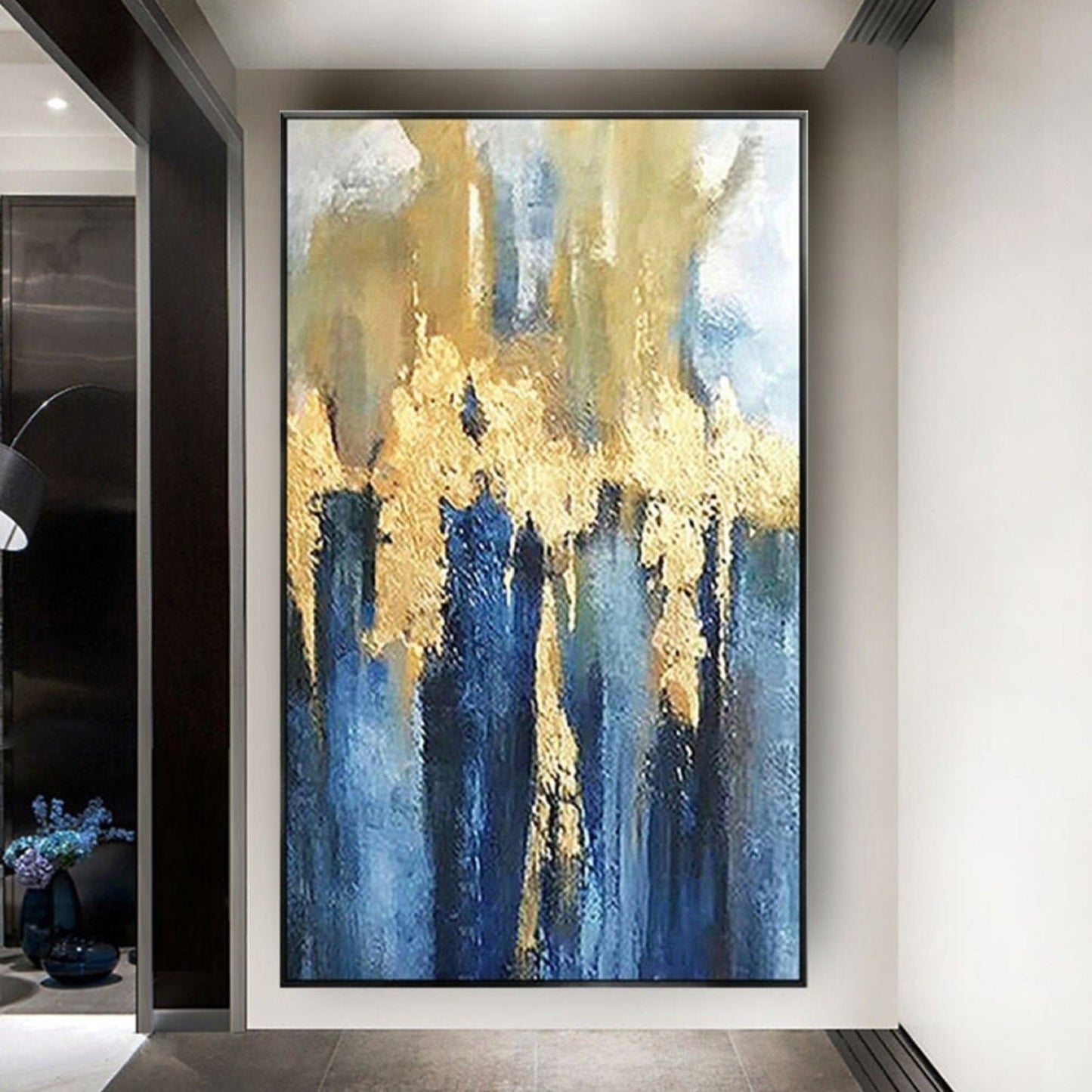 Trendy Gold Blue 100% Hand Painted Landscape Art