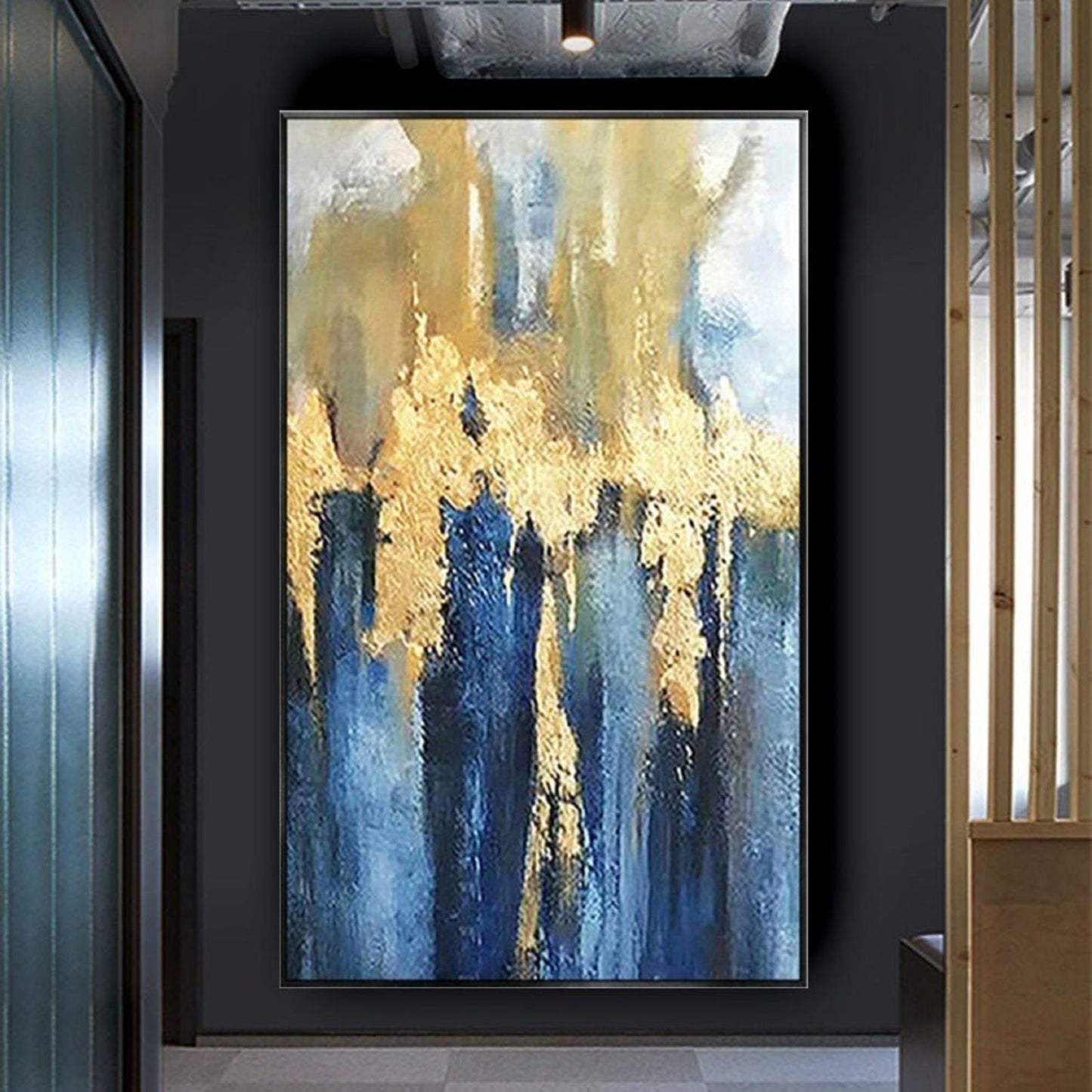 Trendy Gold Blue 100% Hand Painted Landscape Art