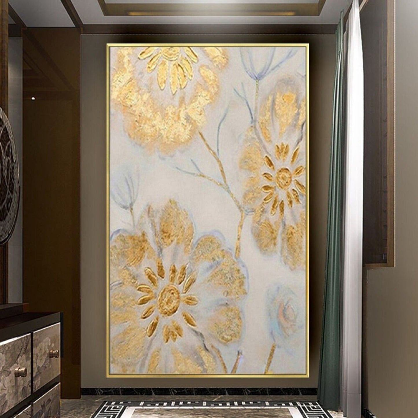 Elegant Gold Flowers 100% Hand Painted Wall Art