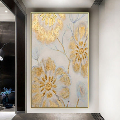 Elegant Gold Flowers 100% Hand Painted Wall Art