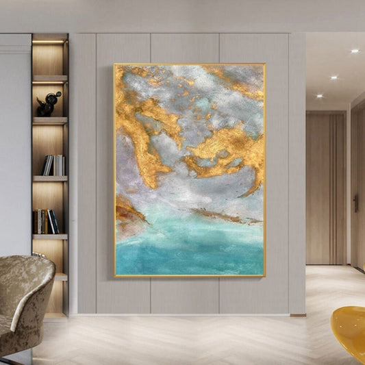 Light Blue and Gold Abstract Ocean Oil Painting