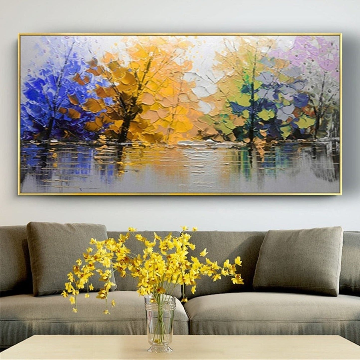 Riverside Autumn Trees 100% Hand Palette Knife Art