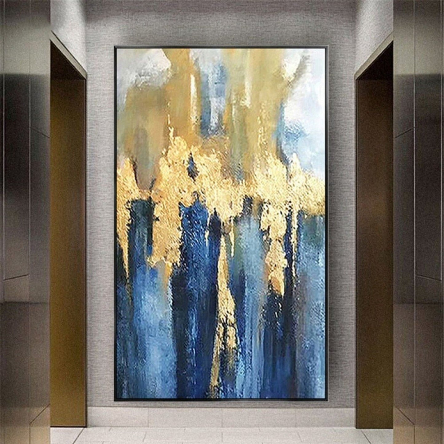 Trendy Gold Blue 100% Hand Painted Landscape Art