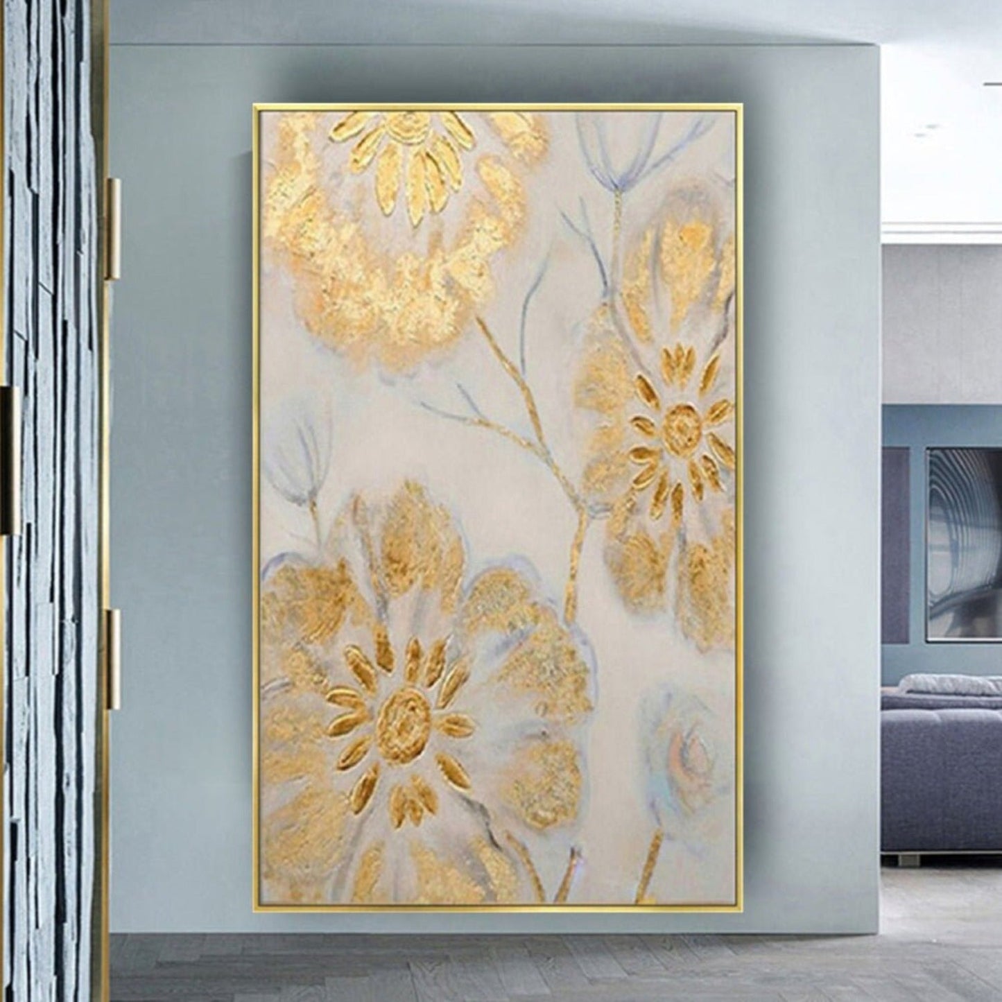 Elegant Gold Flowers 100% Hand Painted Wall Art