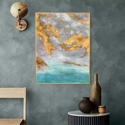 Light Blue and Gold Abstract Ocean Oil Painting