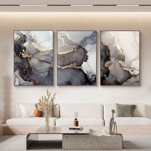 Set of 3 Black Fluid 100% Hand Painted Abstract Art