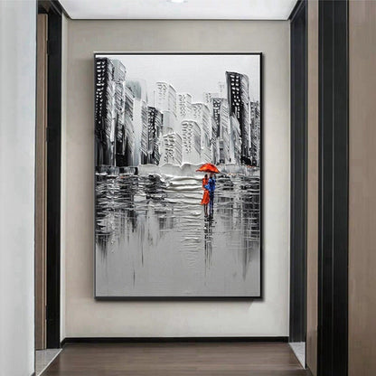 Walking Couple in Rain 100% Hand Painted Cityscape