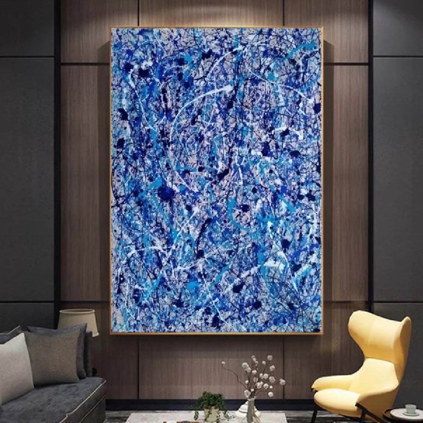 Abstract Blue 100% Hand Painted Pollock-influenced Art