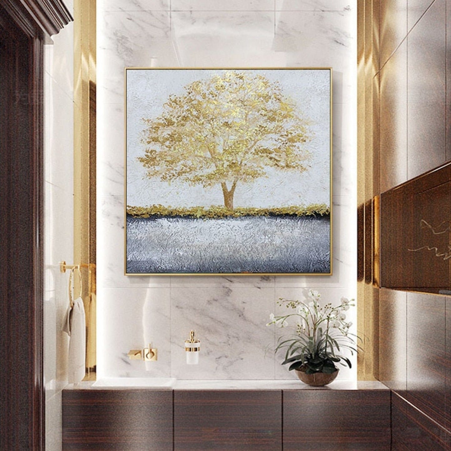 Textured Golden Tree Abstract Landscape Painting