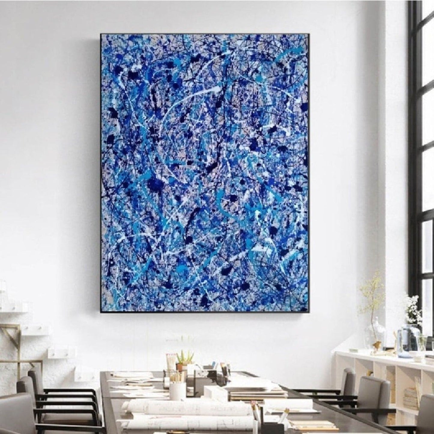 Abstract Blue 100% Hand Painted Pollock-influenced Art