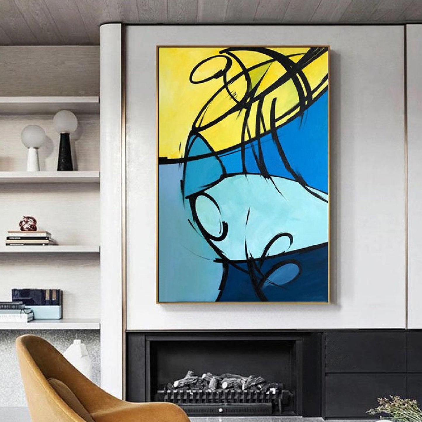 Blue Yellow 100% Hand Painted Minimalist Wall Art