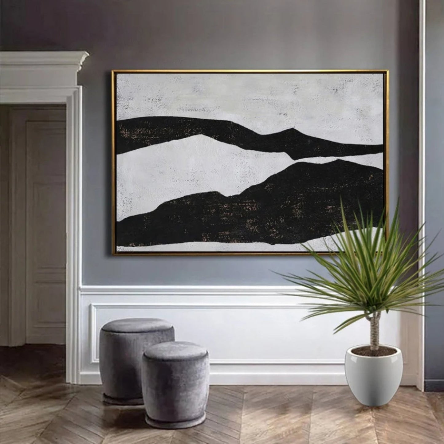 Modern Black and White Minimalist Oil Painting