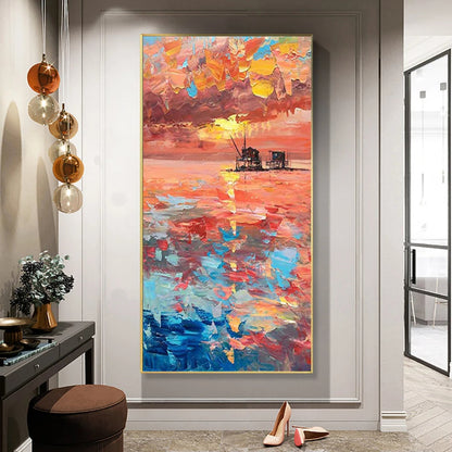 Large Mid Ocean Sunset Palette Knife Rich Colour Art