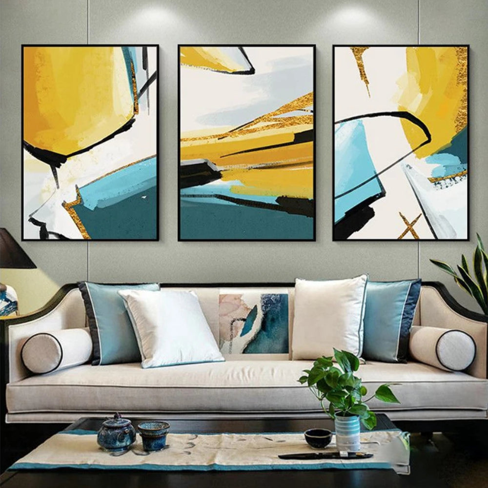 Yellow Blue Colour Splash Nordic 3 Canvas Painting